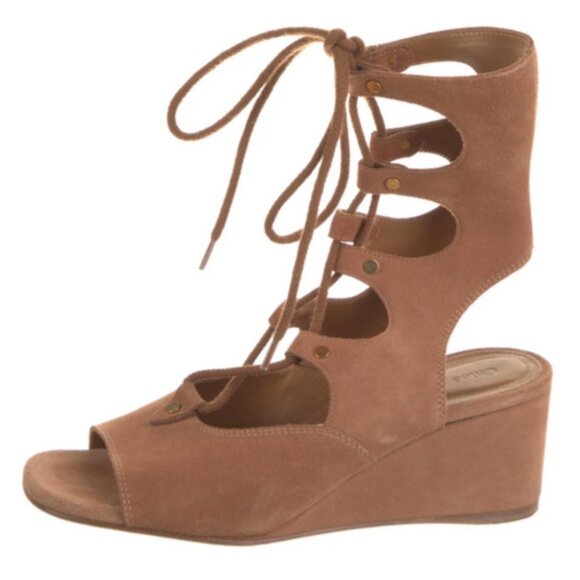 🐪 Chloé Camel Suede Gladiator Sandals | Lace-Up Greek Chic Low Heel - Picture 2 of 13